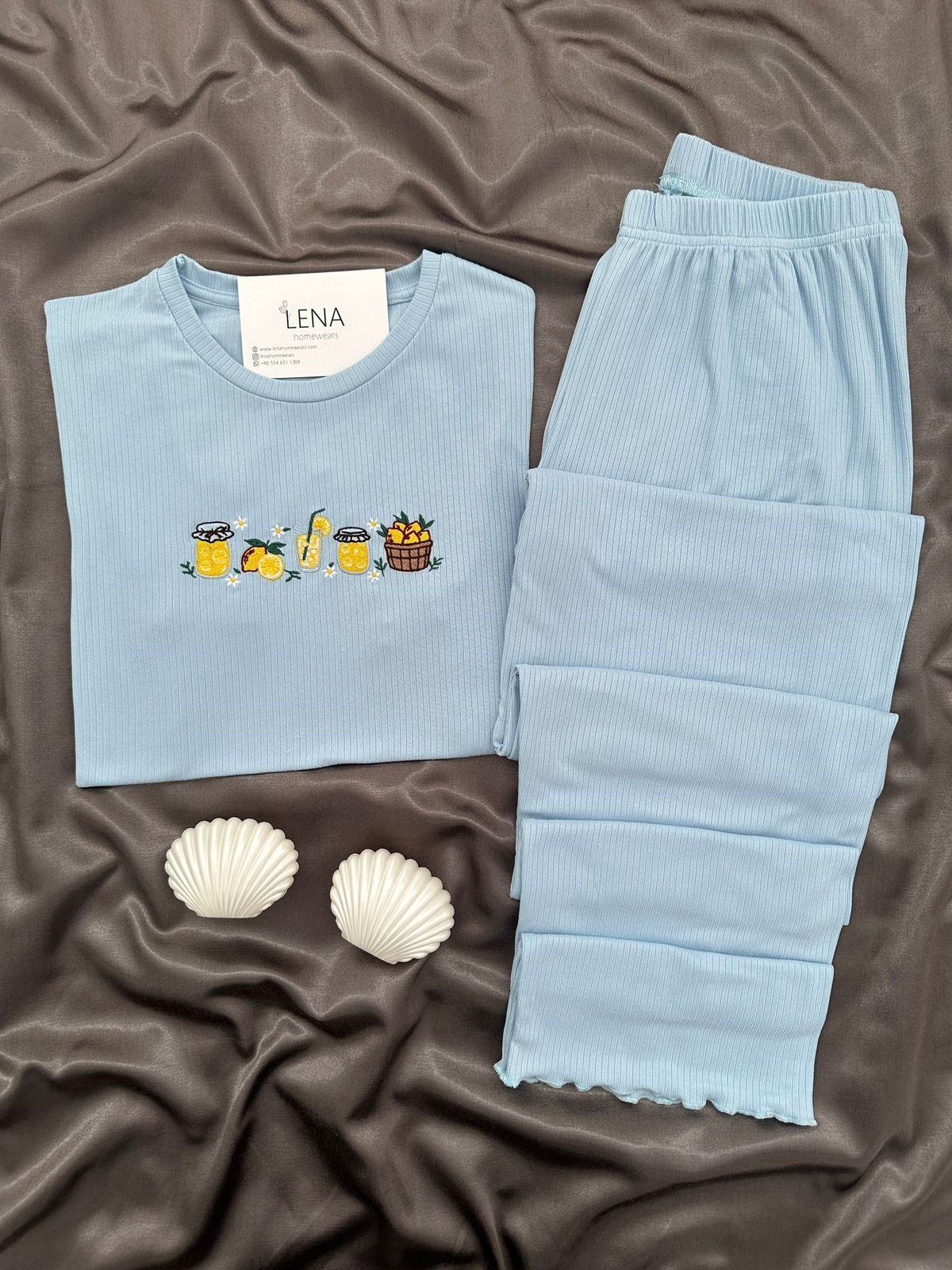 Kadın Mavi Nakışlı Kısa Kollu Oslo Pijama Takımı