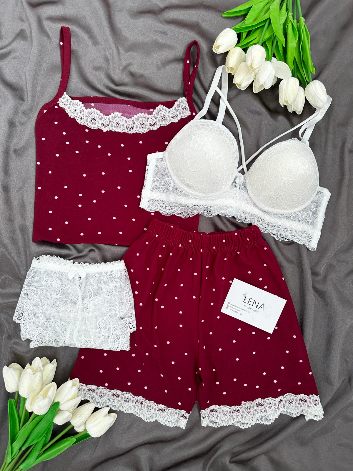 Kadın Mürdüm Benek 4'lü Şortlu Pijama Takımı 