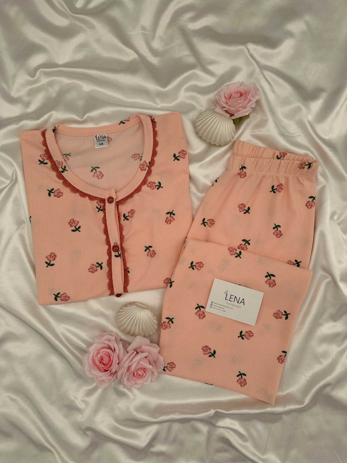 Kadın Somon Gül Desenli Waffle Uzun Kollu Pijama Takımı