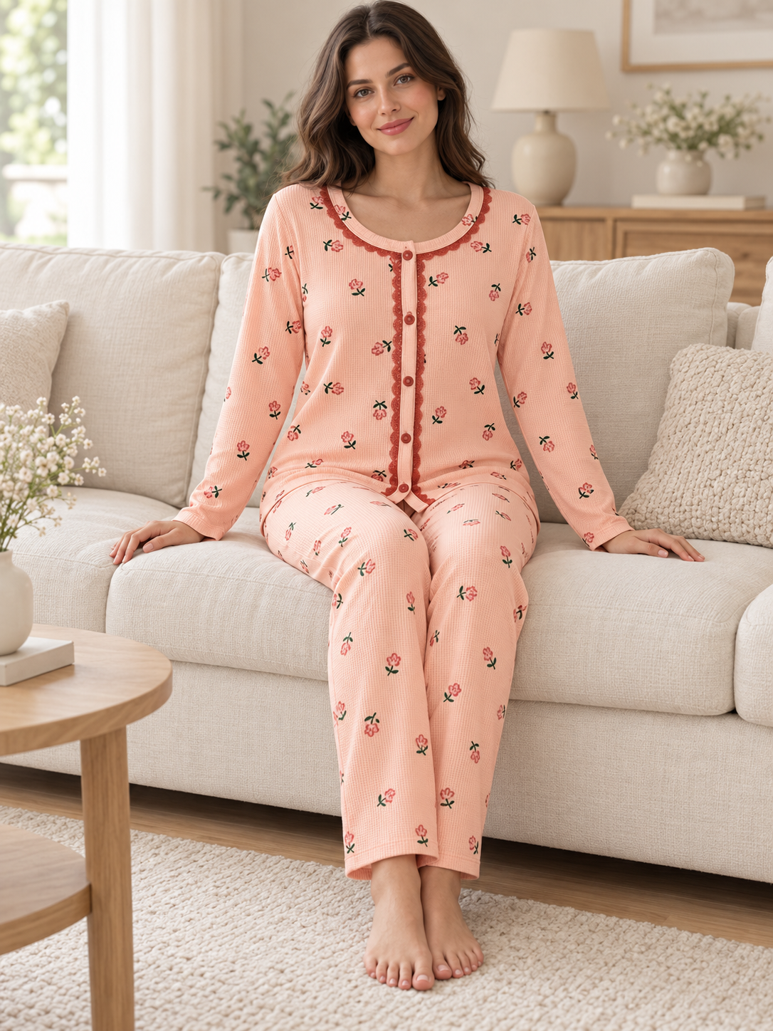 Kadın Somon Gül Desenli Waffle Uzun Kollu Pijama Takımı