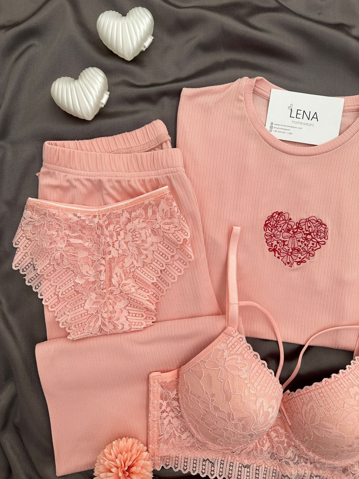 Kadın Somon Nakışlı Kısa Kollu Dörtlü Pijama Takımı 