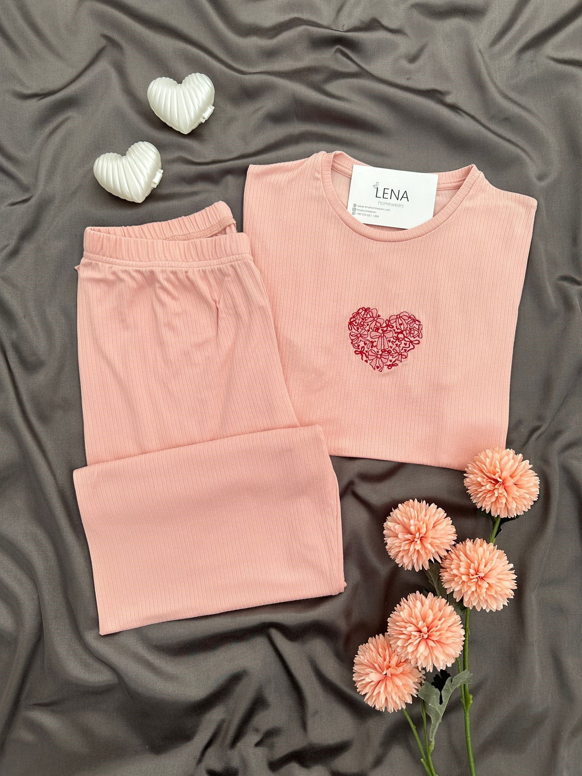 Kadın Somon Nakışlı Kısa Kollu Oslo Pijama Takımı