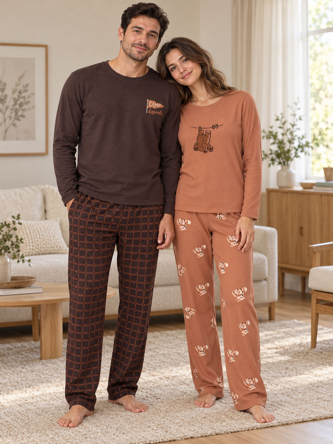 Kahve Ayıcık & Kahverengi Ekose Sevgili Çift Uzun Kollu Pijama Takımı (2'Lİ SET)