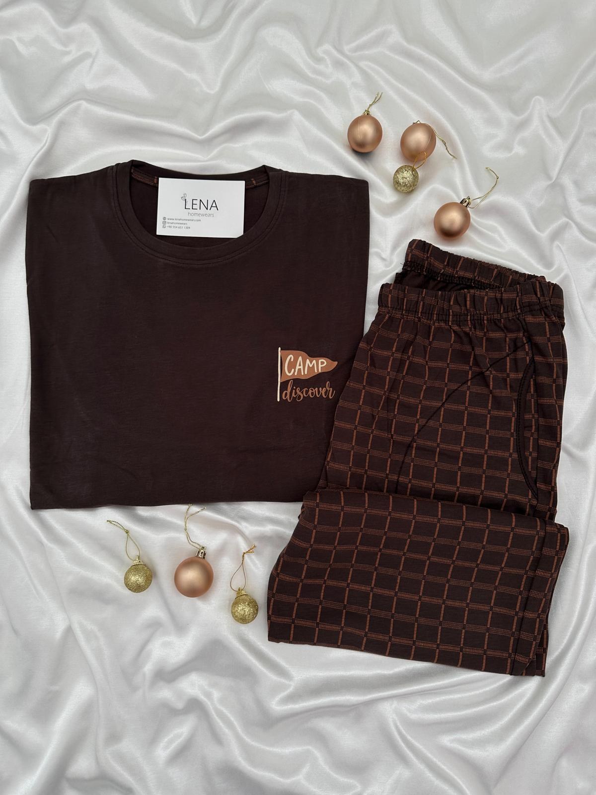 Kahve Ekose Erkek Uzun kollu Pamuklu Pijama Takımı