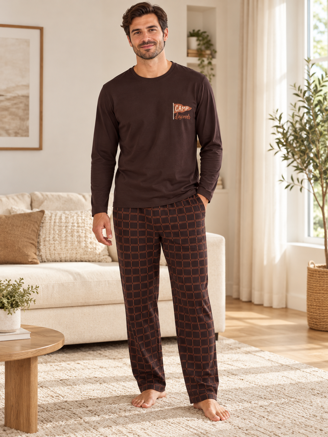 Kahve Ekose Erkek Uzun kollu Pamuklu Pijama Takımı