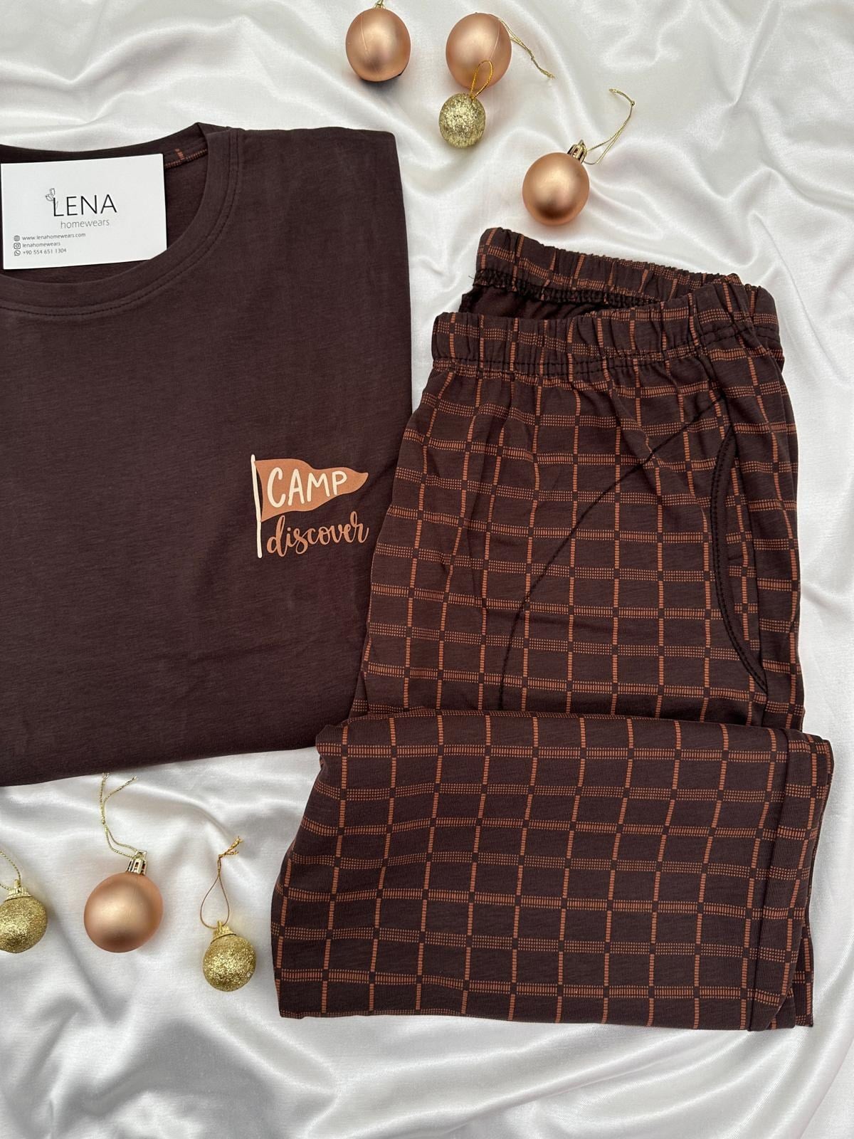 Kahve Ekose Erkek Uzun kollu Pamuklu Pijama Takımı
