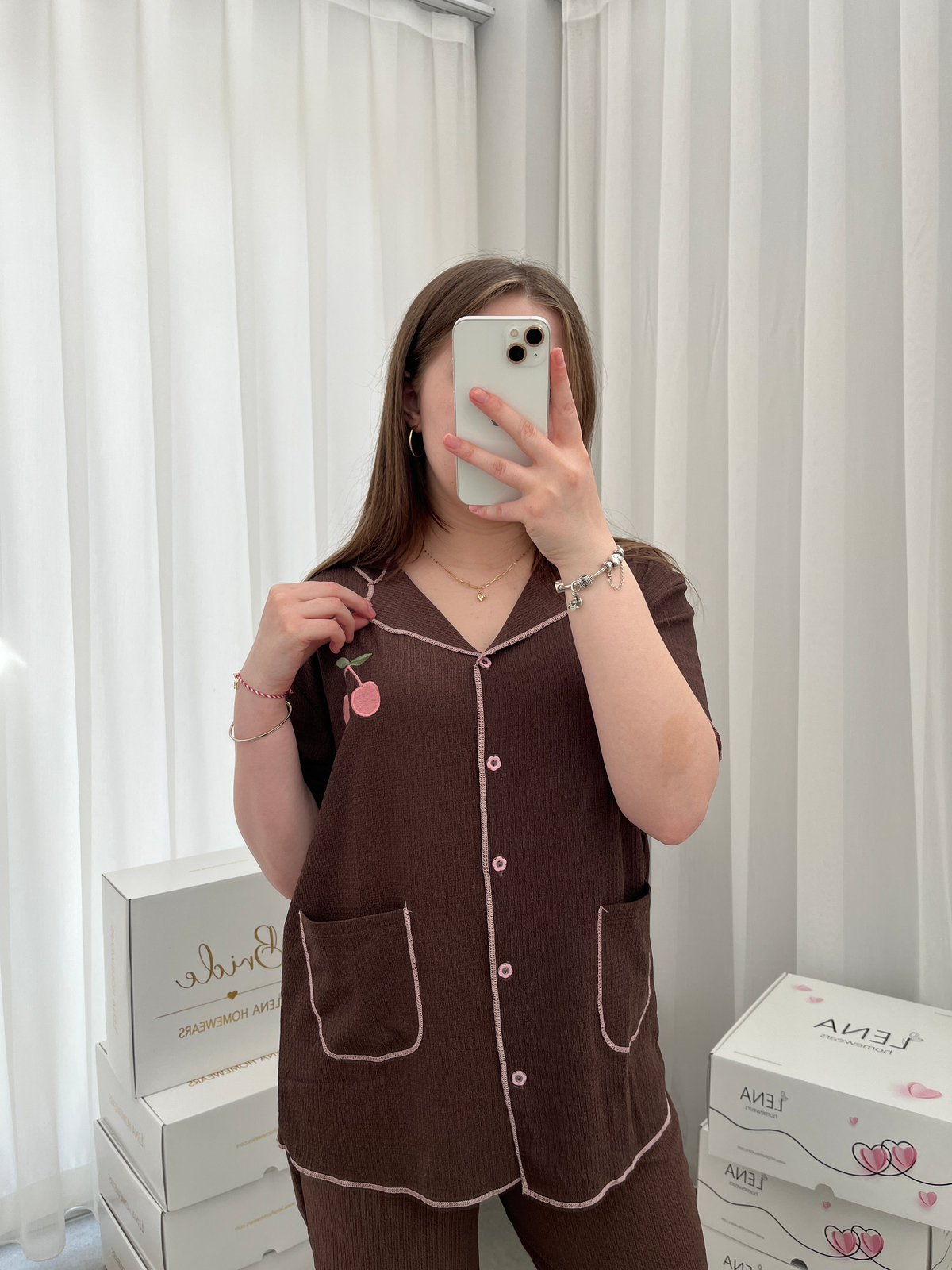 Kahve Kiraz İşlemeli Bürümcük Dörtlü Pijama Takımı🍒