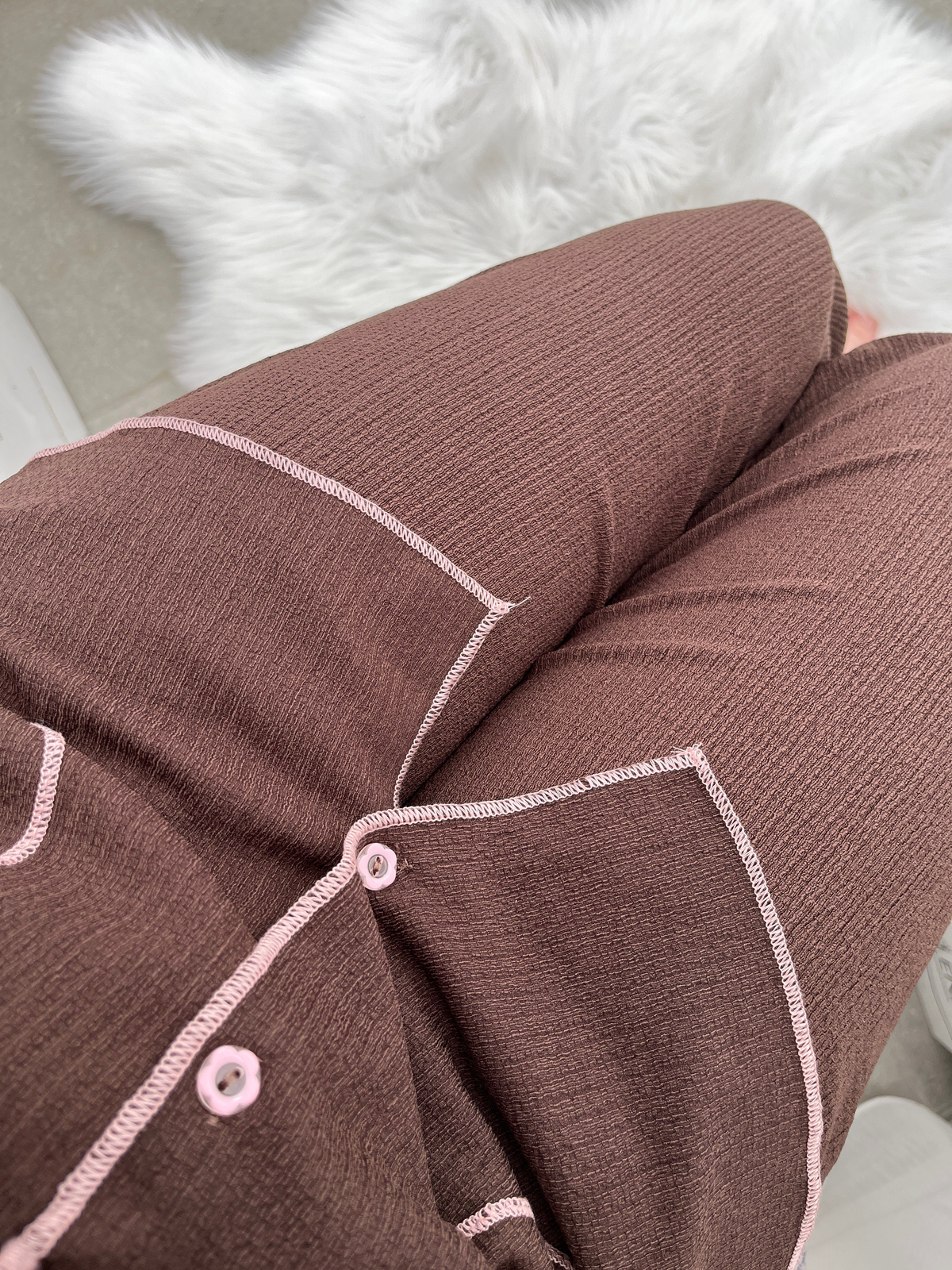 Kahve Kiraz İşlemeli Bürümcük Pijama Takımı