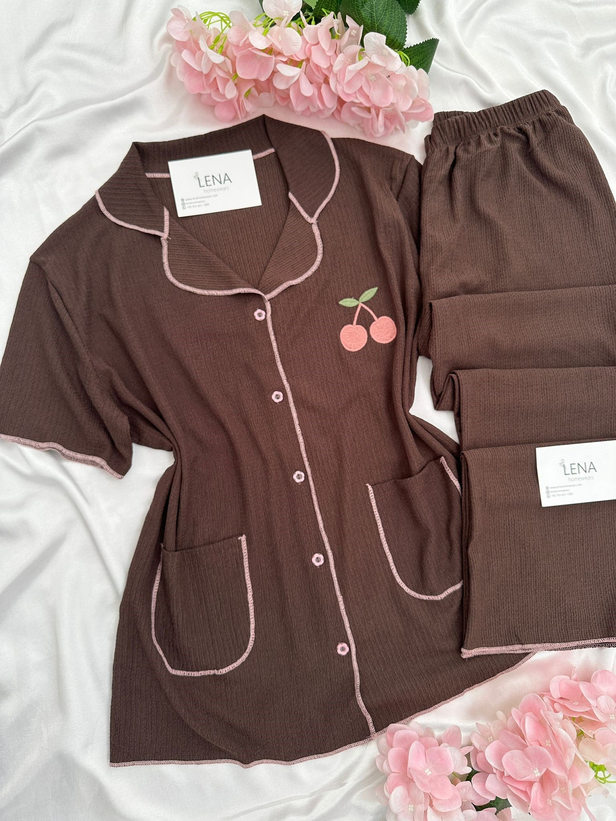 Kahve Kiraz İşlemeli Bürümcük Pijama Takımı