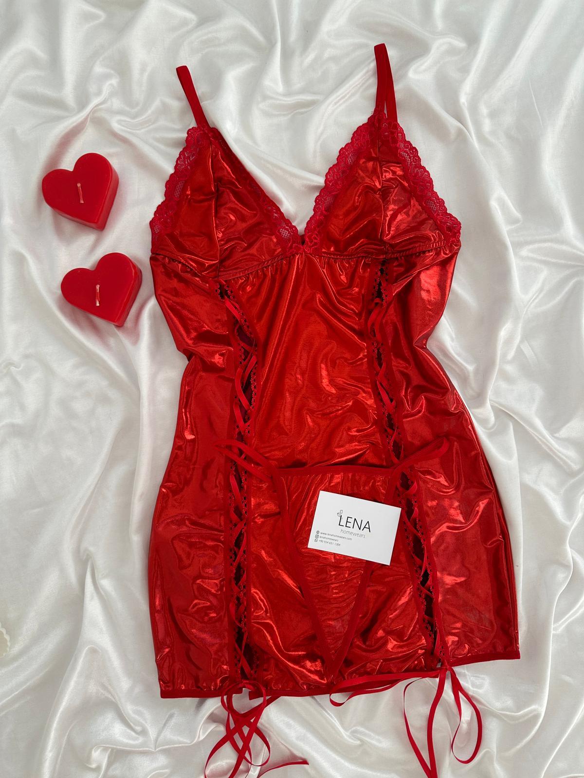 Kırmızı Deri Görünümlü Fantazi Gecelik 