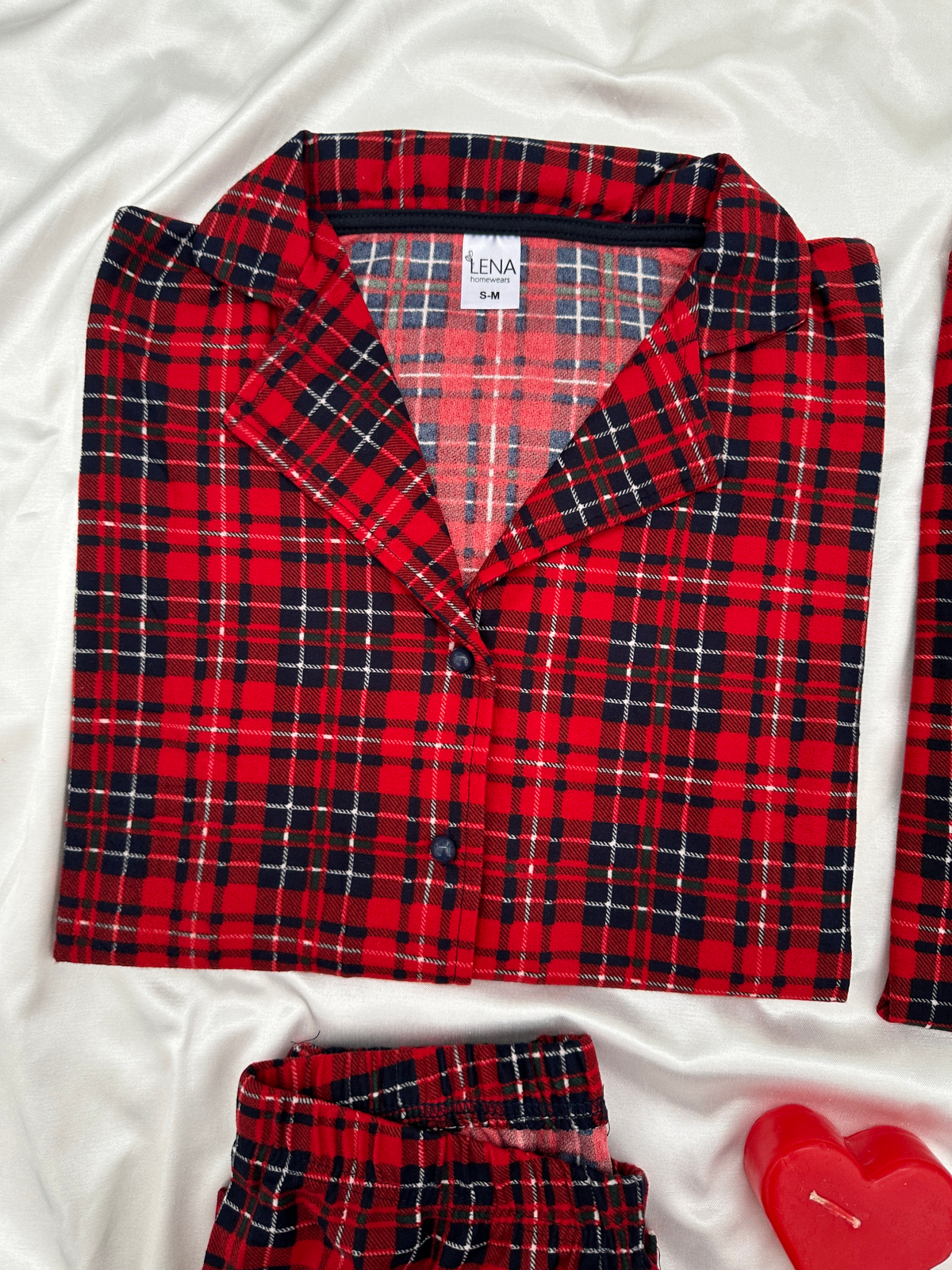Kırmızı Ekose Günlük Rahat Sevgili Çift Uzun Kollu Pijama Takımı (2'li Set)