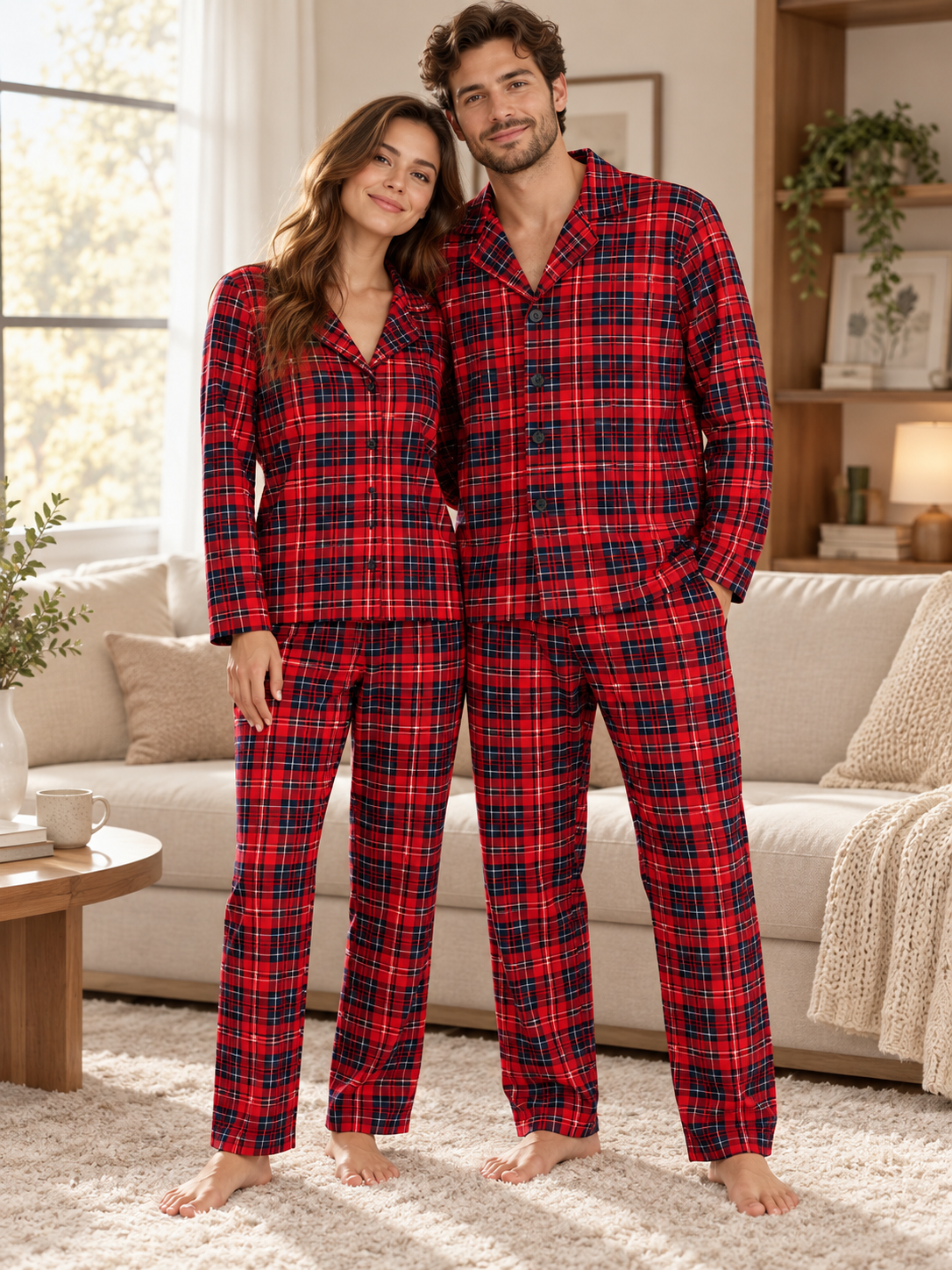 Kırmızı Ekose Günlük Rahat Sevgili Çift Uzun Kollu Pijama Takımı (2'li Set)