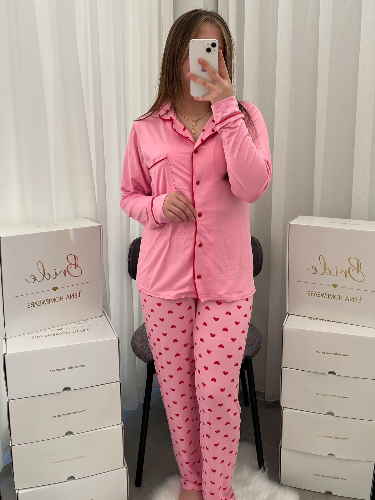 Kırmızı Kalp Desenli Pembe Milan Uzun Kollu 4'lü Pijama Takımı