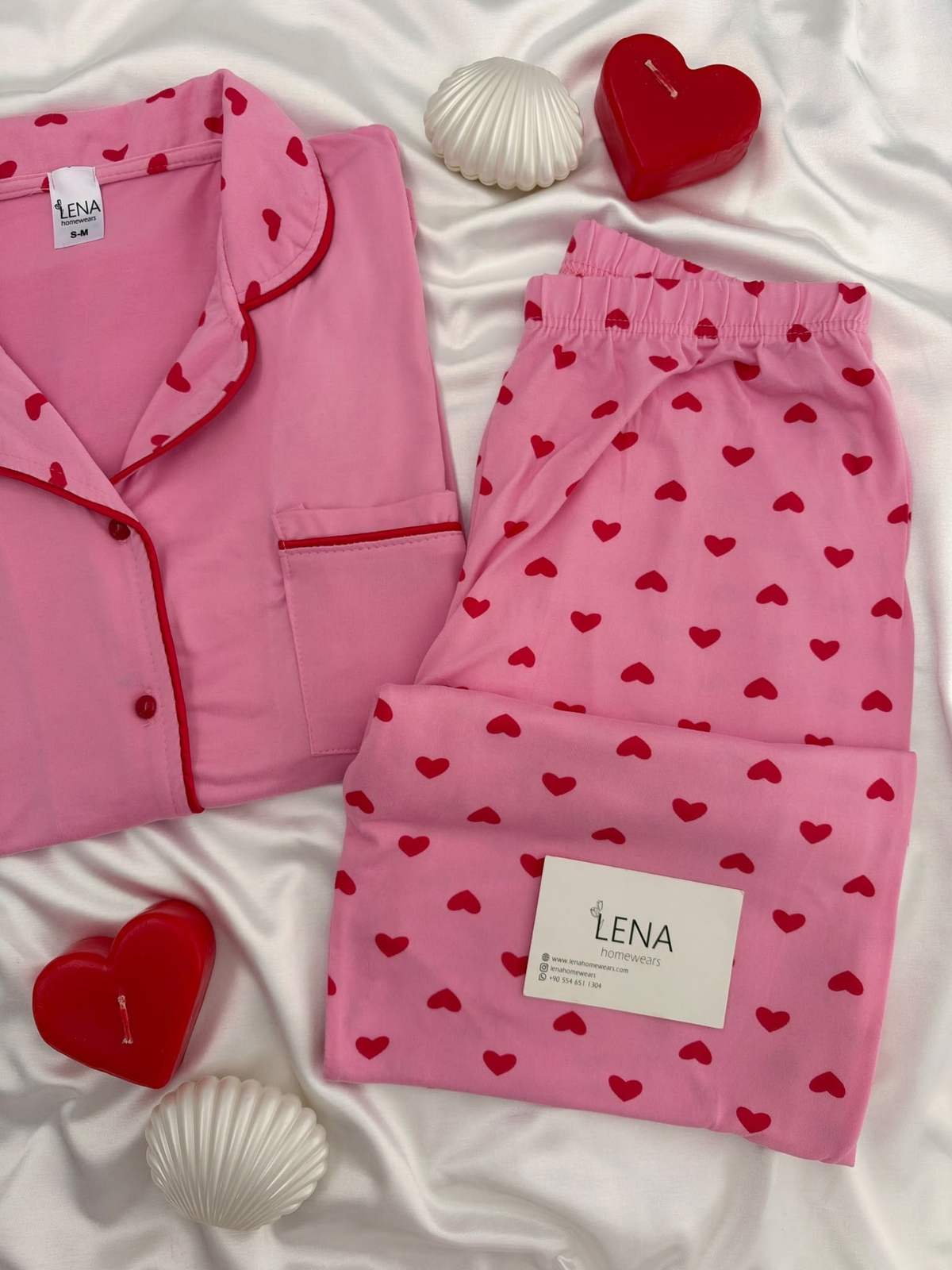 Kırmızı Kalp Desenli Pembe Milan Uzun Kollu Pijama Takımı