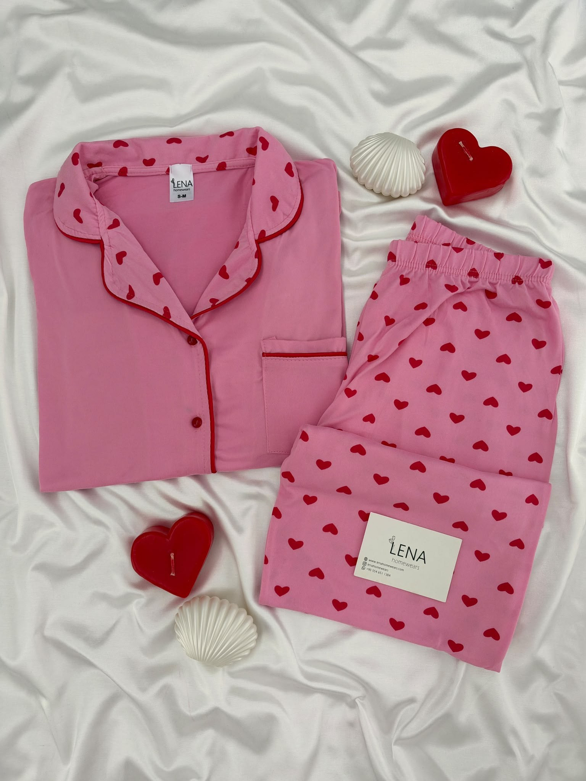 Kırmızı Kalp Desenli Pembe Milan Uzun Kollu Pijama Takımı