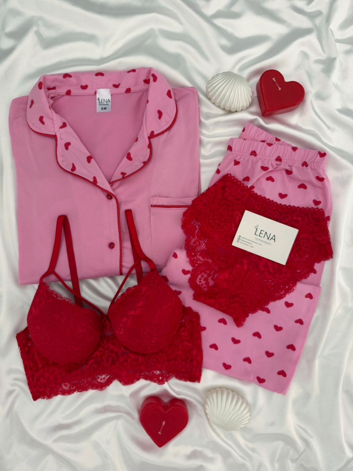 Kırmızı Kalp Desenli Pembe Milan Uzun Kollu 4'lü Pijama Takımı
