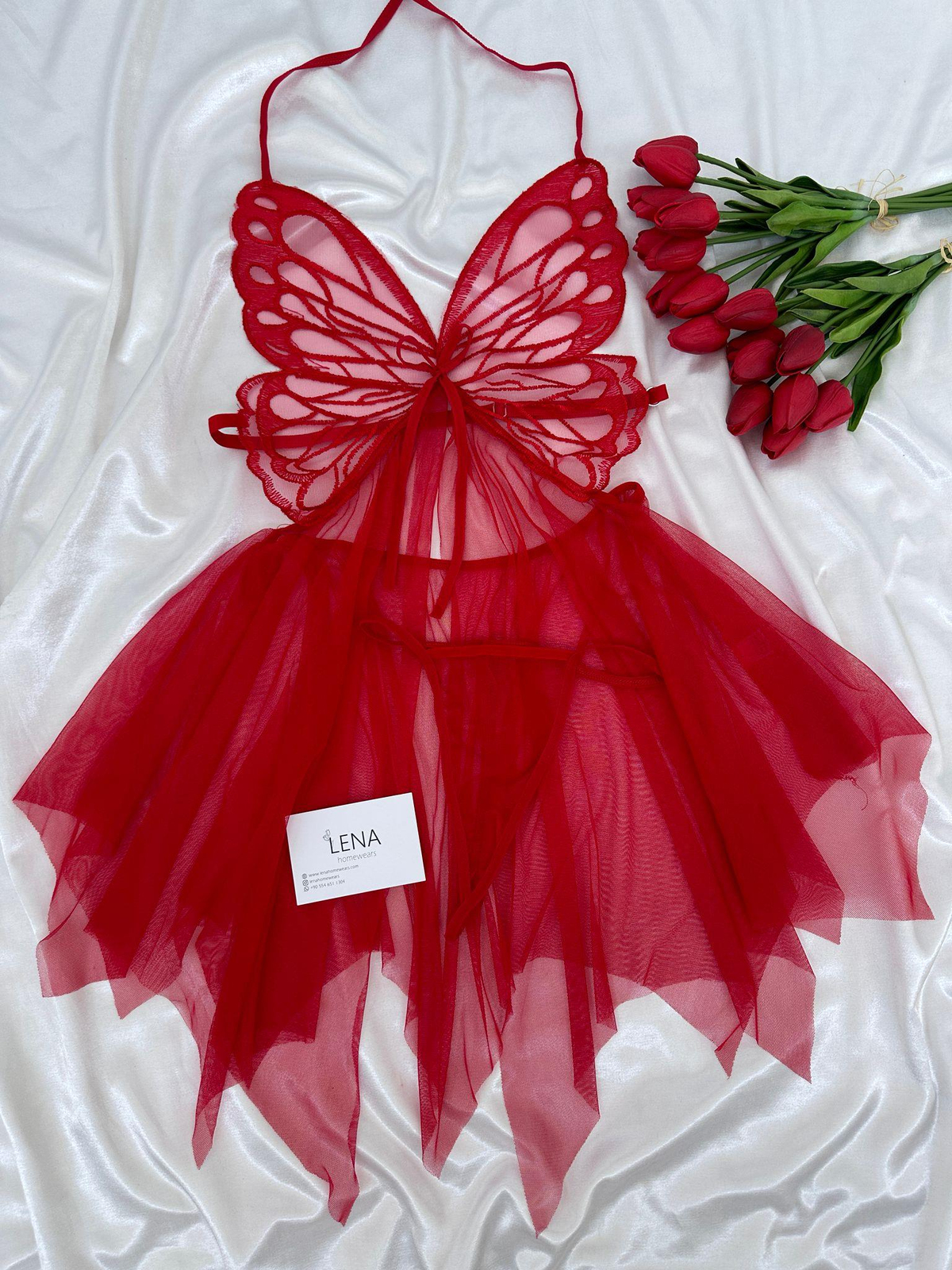 Kırmızı Kelebek Detaylı Fatnezi Gecelik