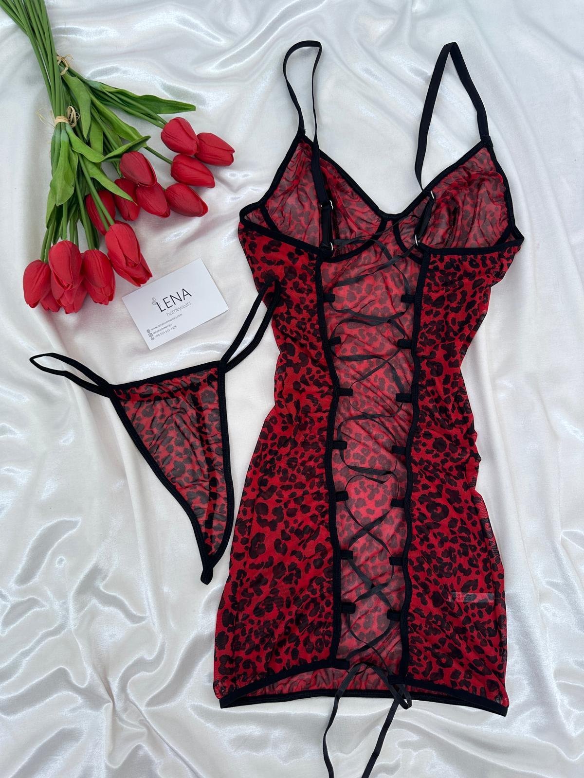 Kırmızı Leopar Zikzak Fantezi Gecelik