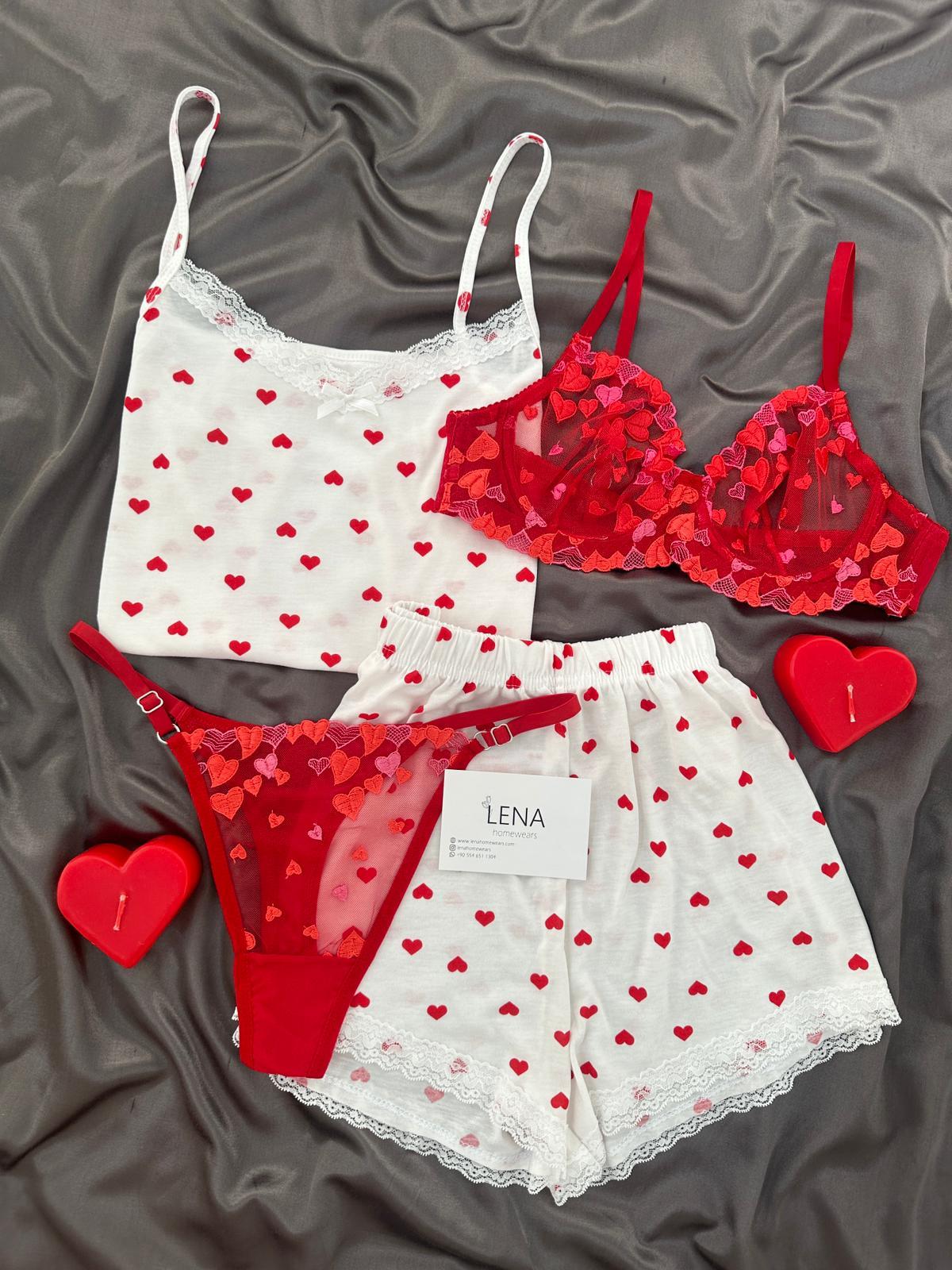 Kırmızı Love 4'lü Kalplı Şortlu Pijama Takımı  