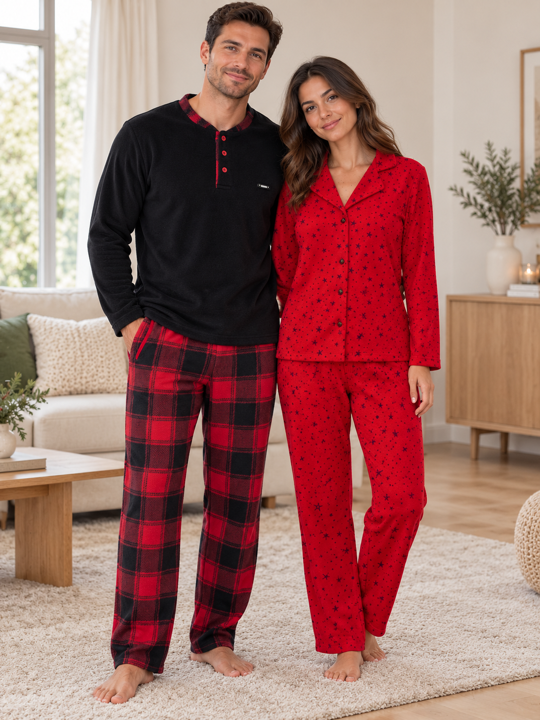Kırmızı Yıldız & Ekose Sevgili Çift Uzun Kollu Pijama Takımı (2'Lİ SET)
