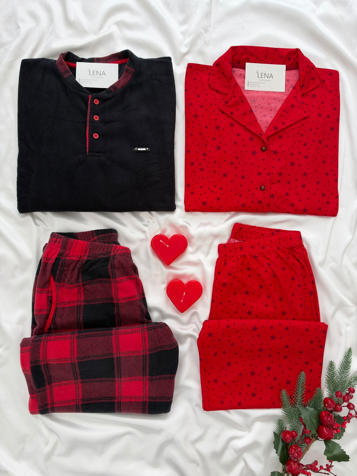 Kırmızı Yıldız & Ekose Sevgili Çift Uzun Kollu Pijama Takımı (2'Lİ SET)