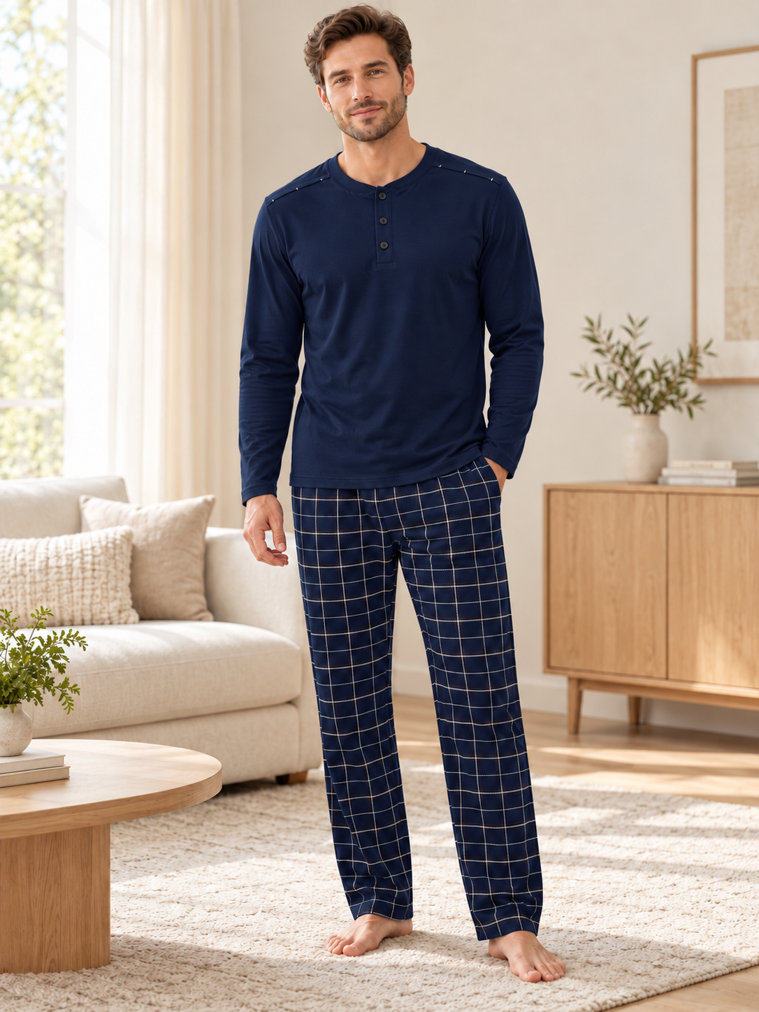 lacivert Boss Erkek Uzun kollu Pamuklu Pijama Takımı
