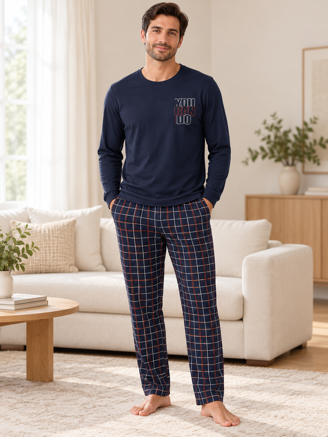 lacivert Ekose Erkek Uzun kollu Pamuklu Pijama Takımı