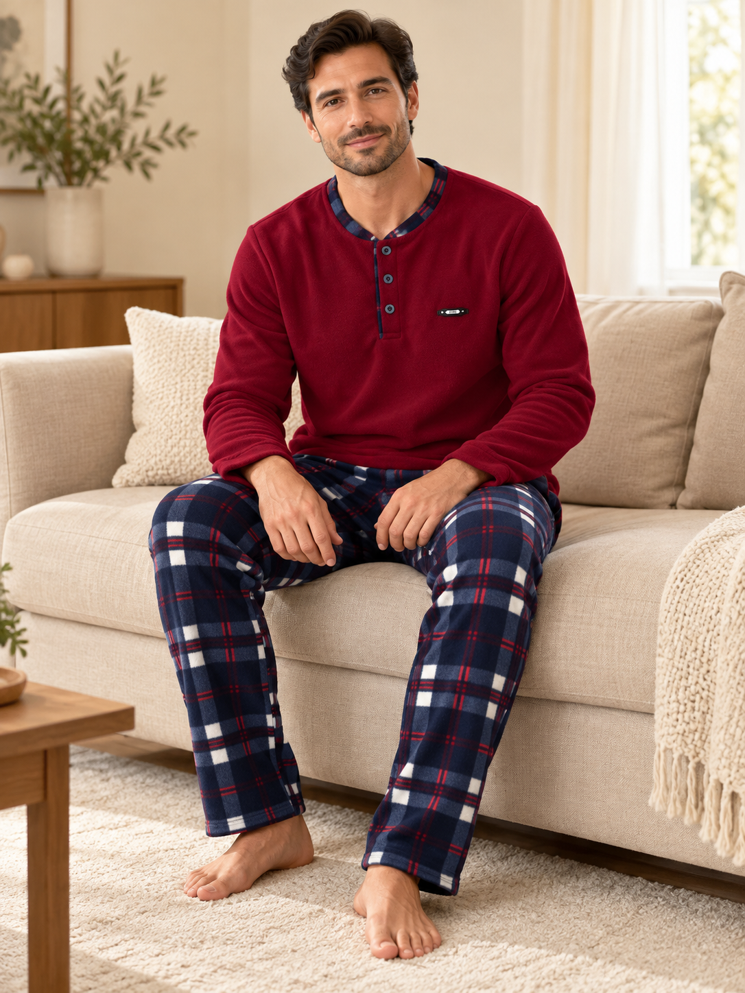 Lacivert Ekose Polar Erkek Uzun kollu Pijama Takımı