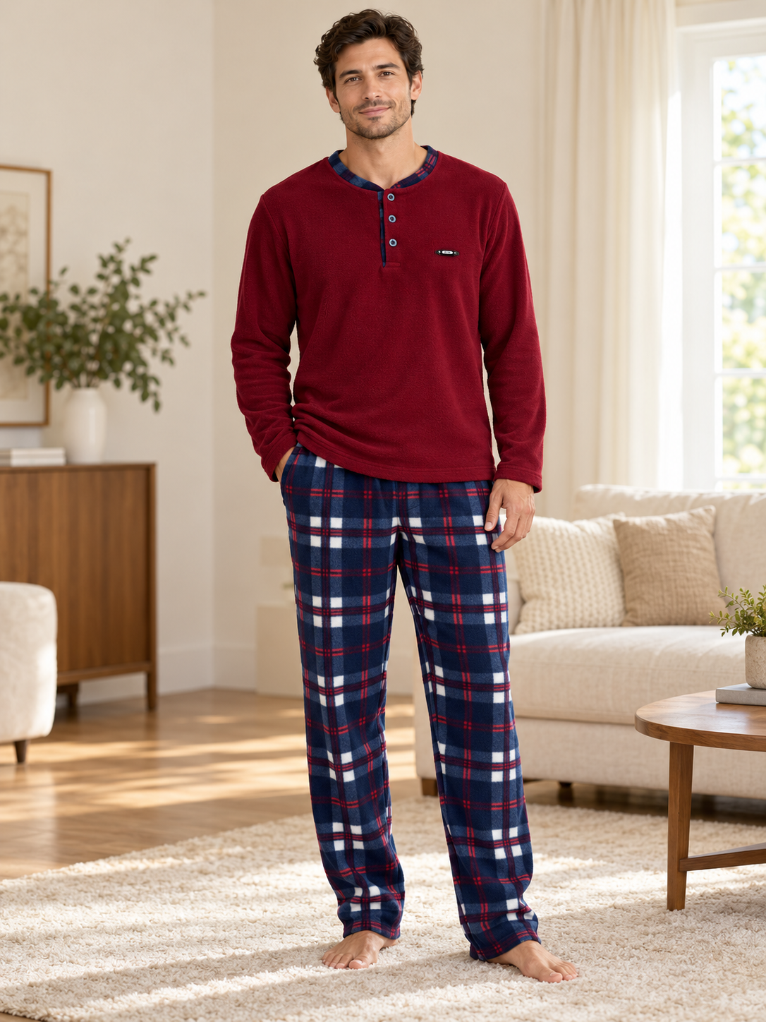 Lacivert Ekose Polar Erkek Uzun kollu Pijama Takımı