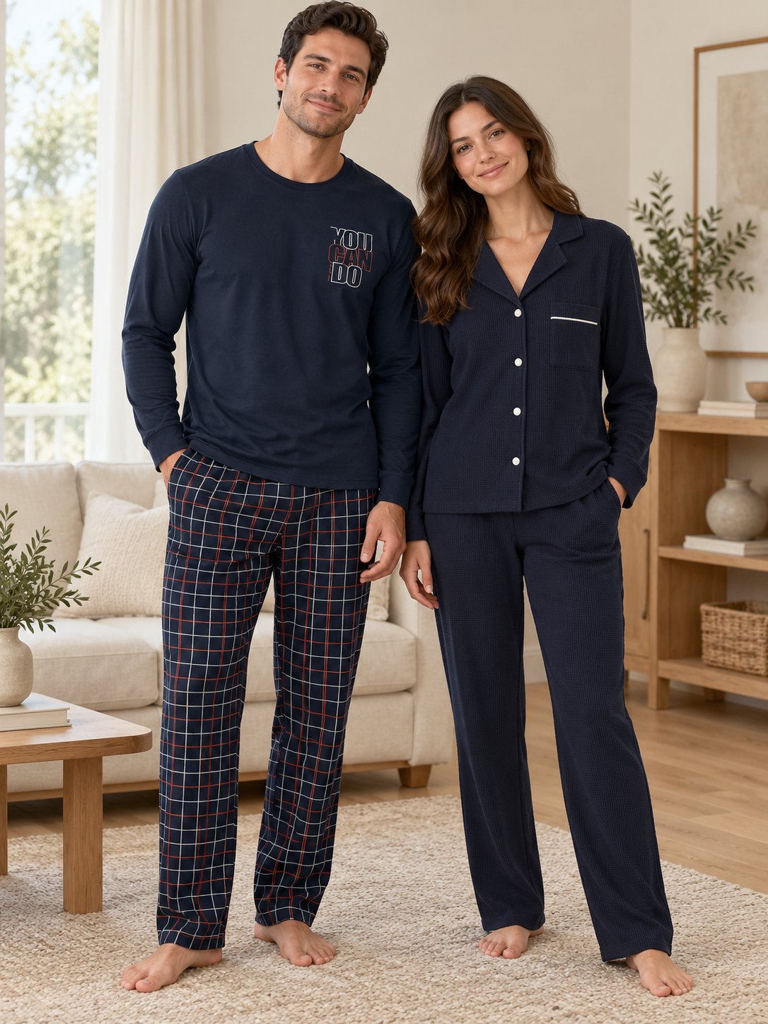 Lacivert Klasik & Ekose Sevgili Çift Uzun Kollu Pijama Takımı (2'Lİ SET)