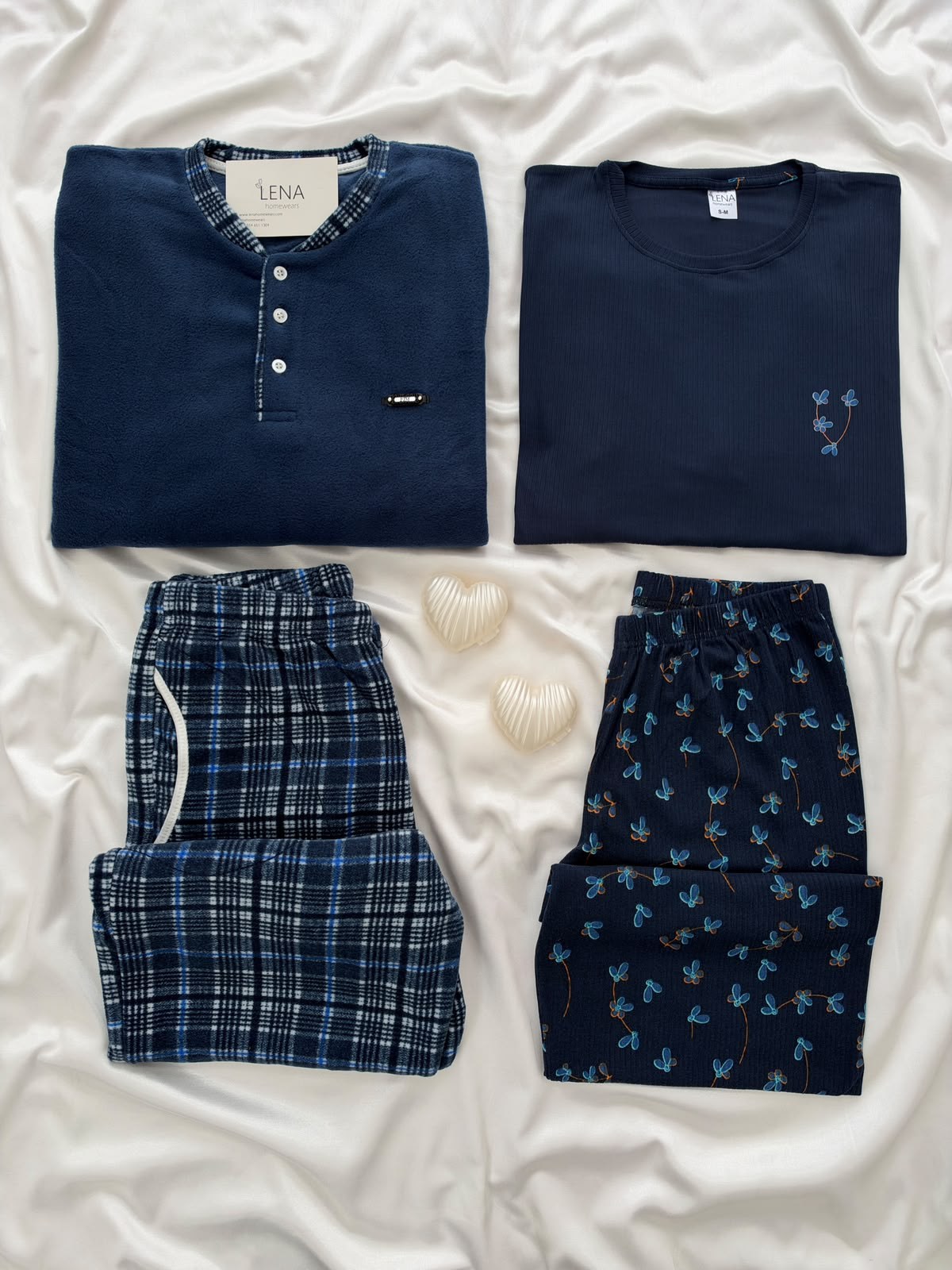 Lacivert Mavi Çiçek & Ekose Sevgili Çift Uzun Kollu Pijama Takımı (2'Lİ SET)
