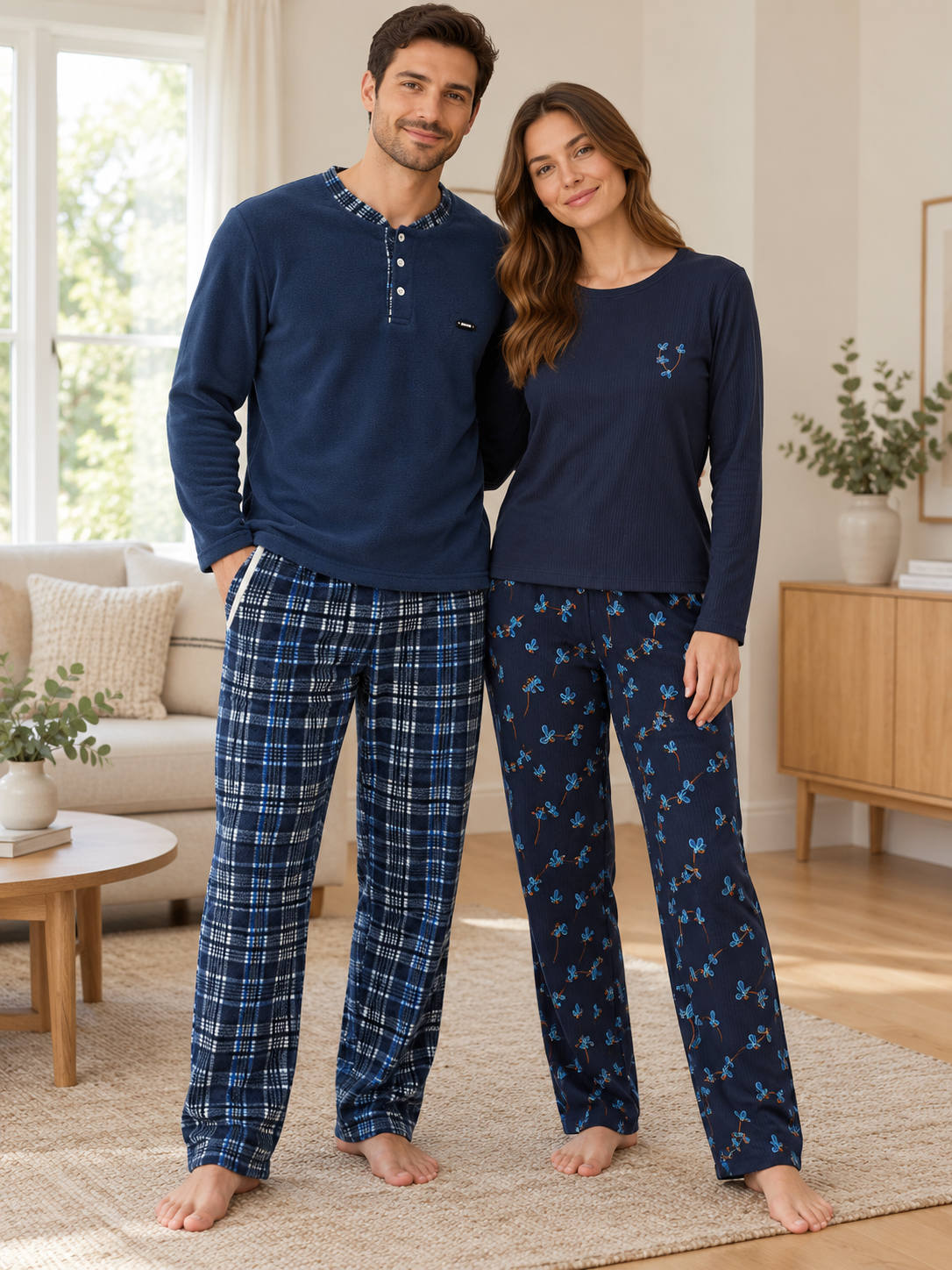 Lacivert Mavi Çiçek & Ekose Sevgili Çift Uzun Kollu Pijama Takımı (2'Lİ SET)