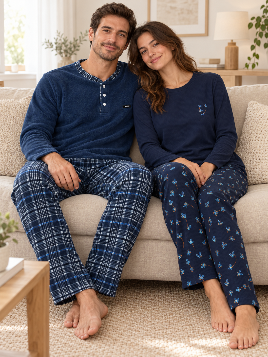 Lacivert Mavi Çiçek & Ekose Sevgili Çift Uzun Kollu Pijama Takımı (2'Lİ SET)