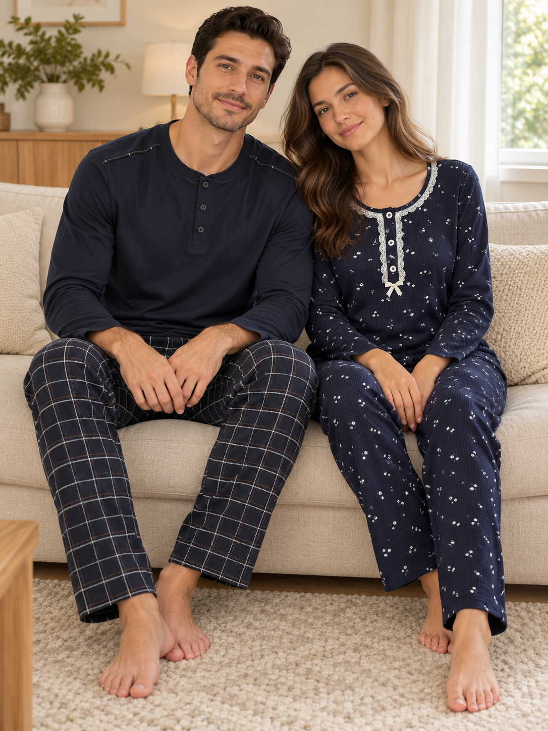 Lacivert Papatya & Ekose Sevgili Çift Uzun Kollu Pijama Takımı (2'Lİ SET)