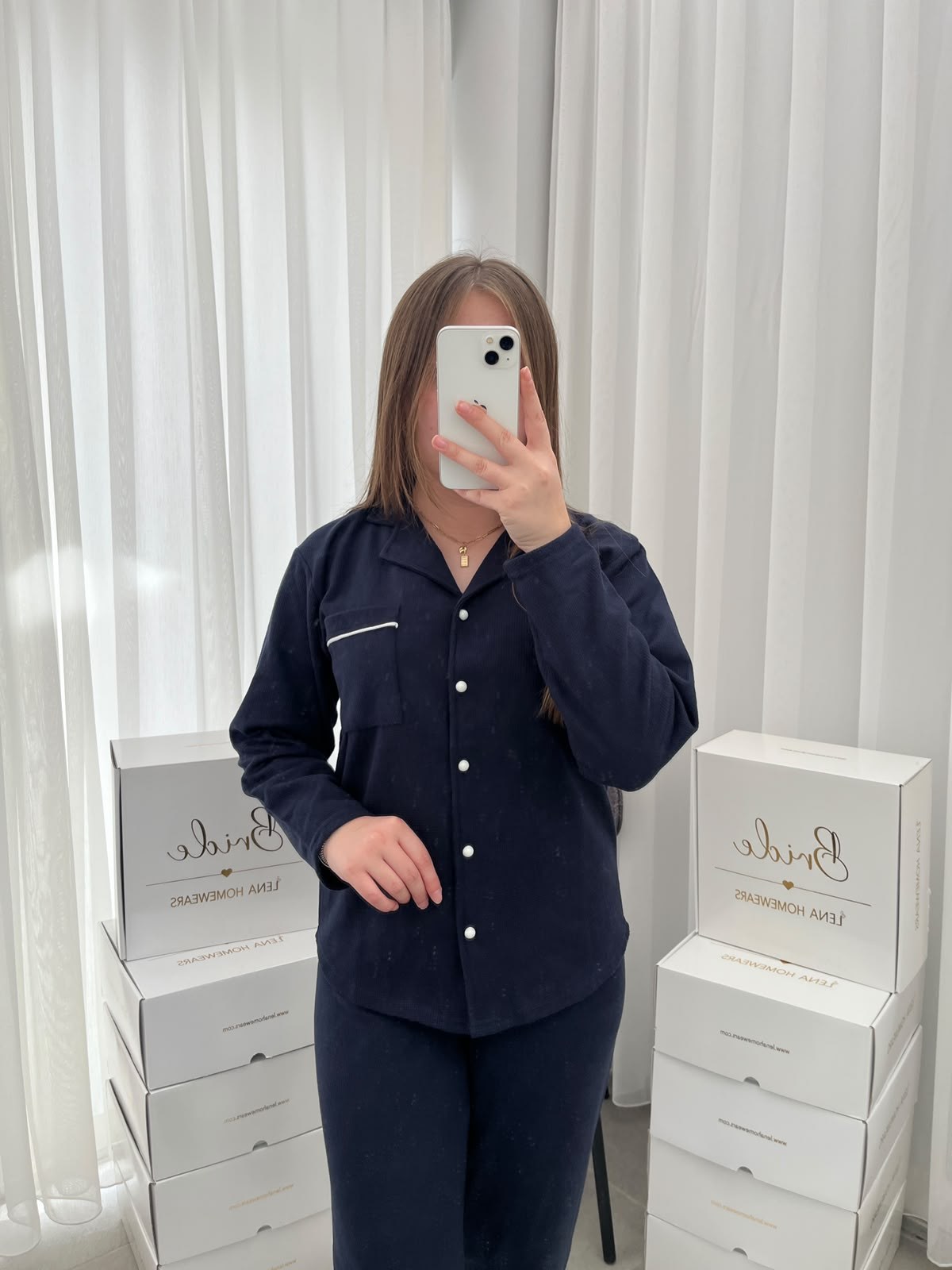 Lacivert Sade Uzun Kollu Waffle Pijama Takımı