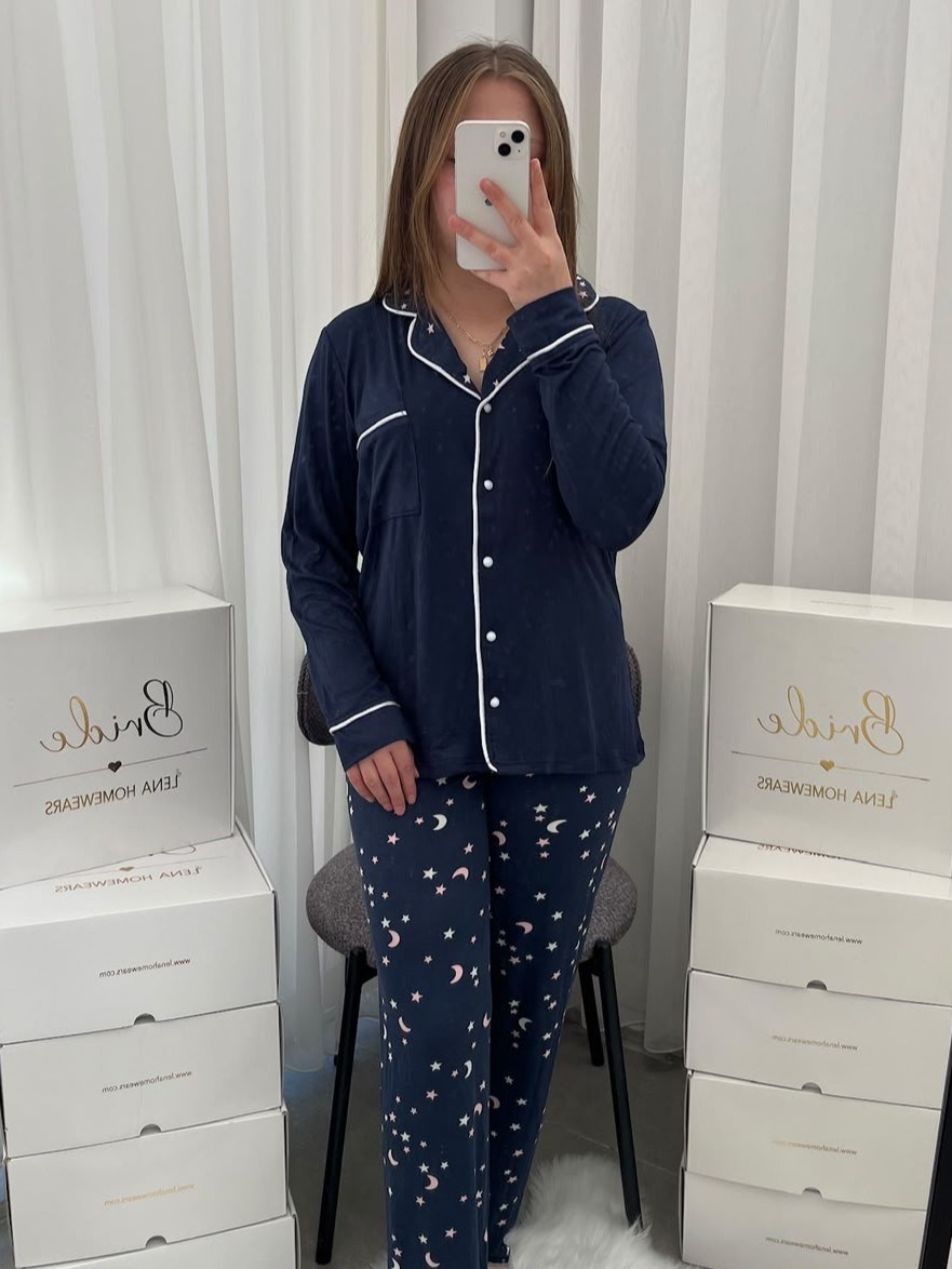 Lacivert Yıldız & Ay Desenli Milan Uzun Kollu Pijama Takımı