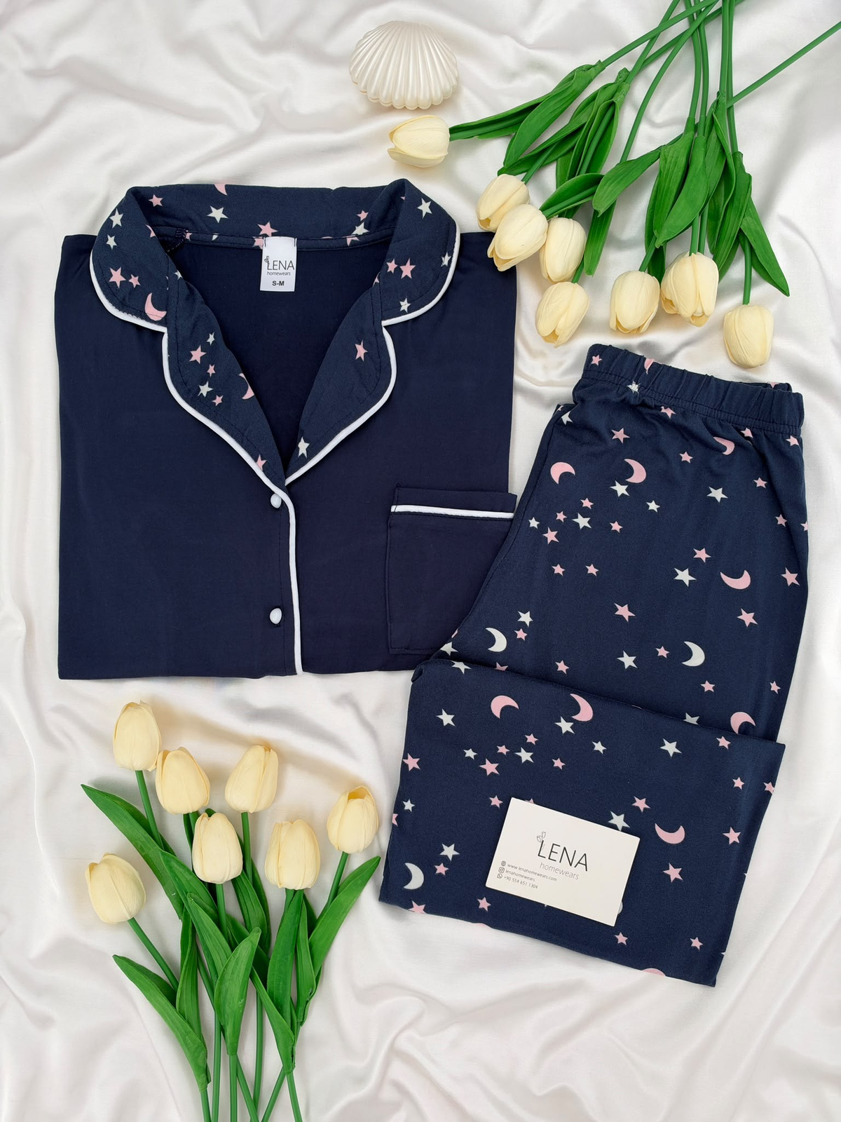 Lacivert Yıldız & Ay Desenli Milan Uzun Kollu Pijama Takımı