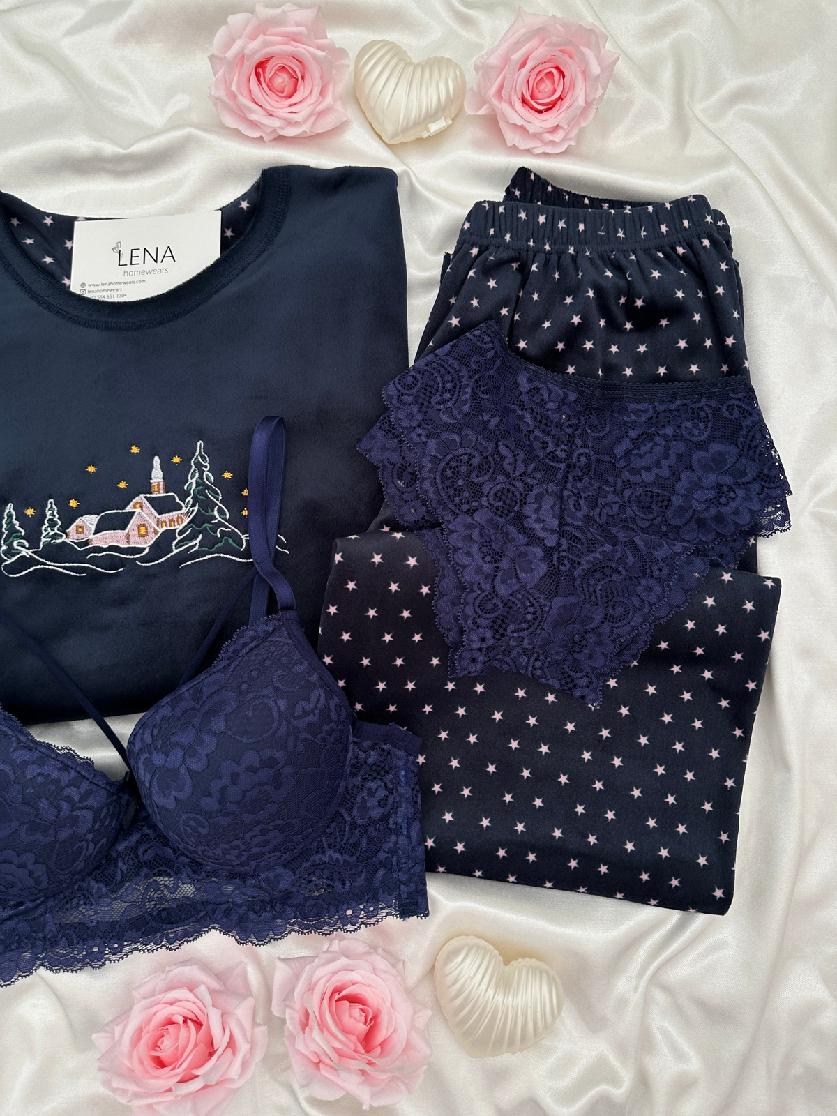 Lacivert Yıldız Desenli 4'lü Fransız Kadife Pijama Takımı