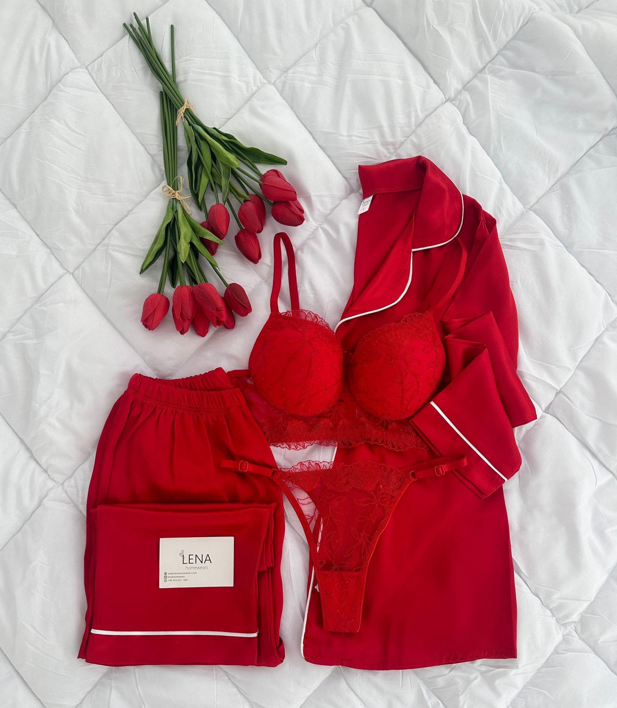 Lenaşk 4’lü Lüks İç Çamaşırlı Saten Pijama Takımı 