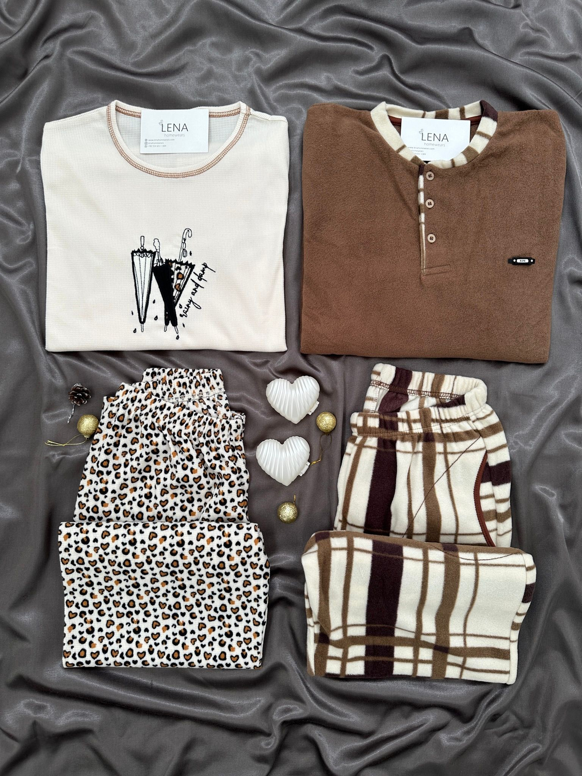 Leopar ve Kahve Ekose Günlük Rahat Sevgili Çift Uzun Kollu Pijama Takımı (2'li Set)