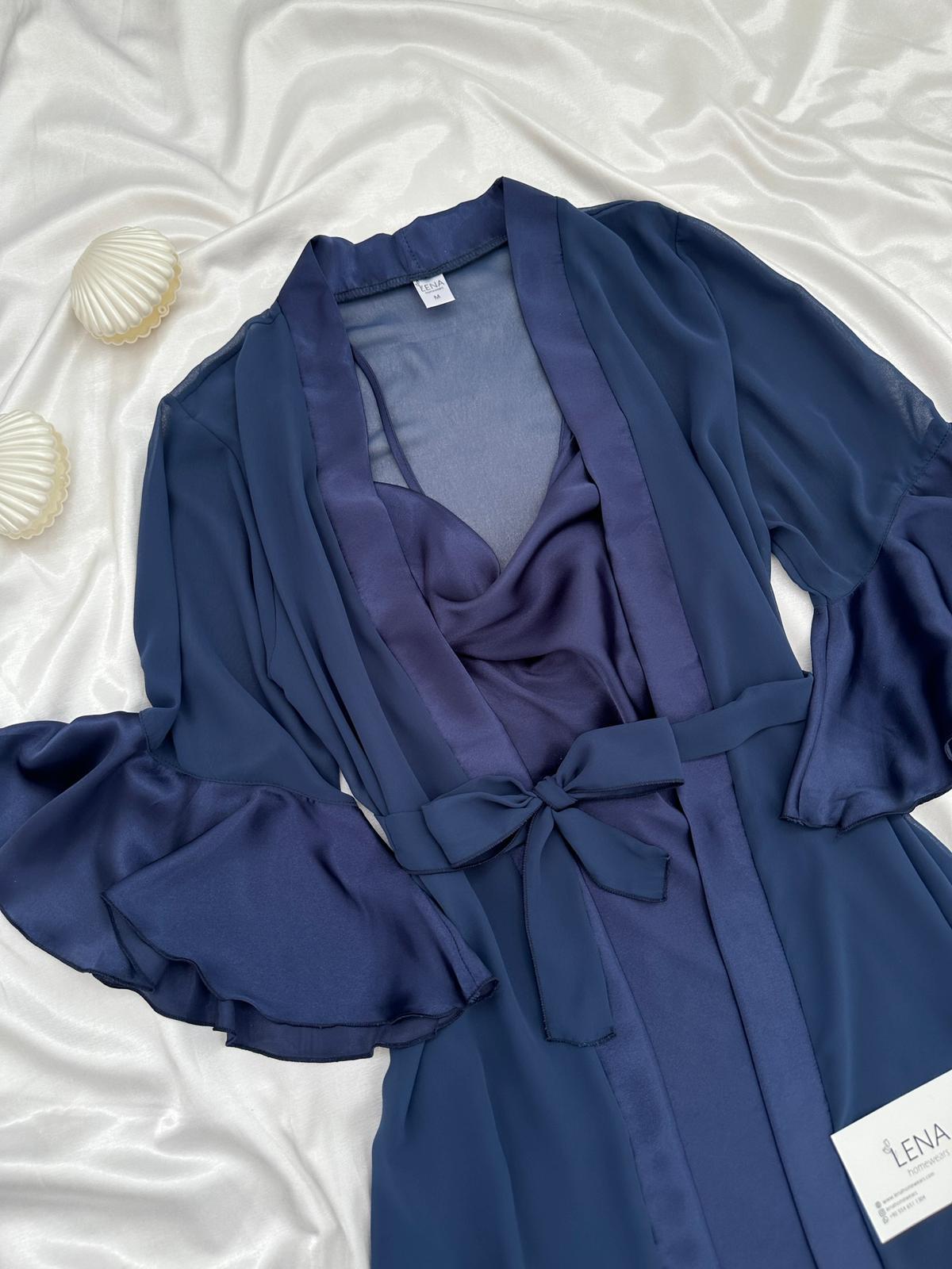 Luxury Chane Lacivert ikili Gecelik & Sabahlık Takımı 