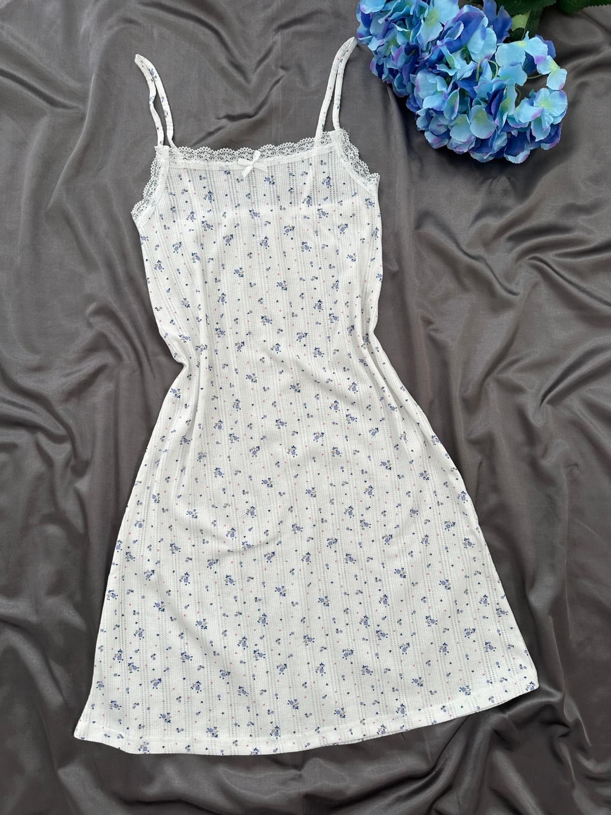 Mavi Gül Pamuklu Gecelik Pijama Takımı