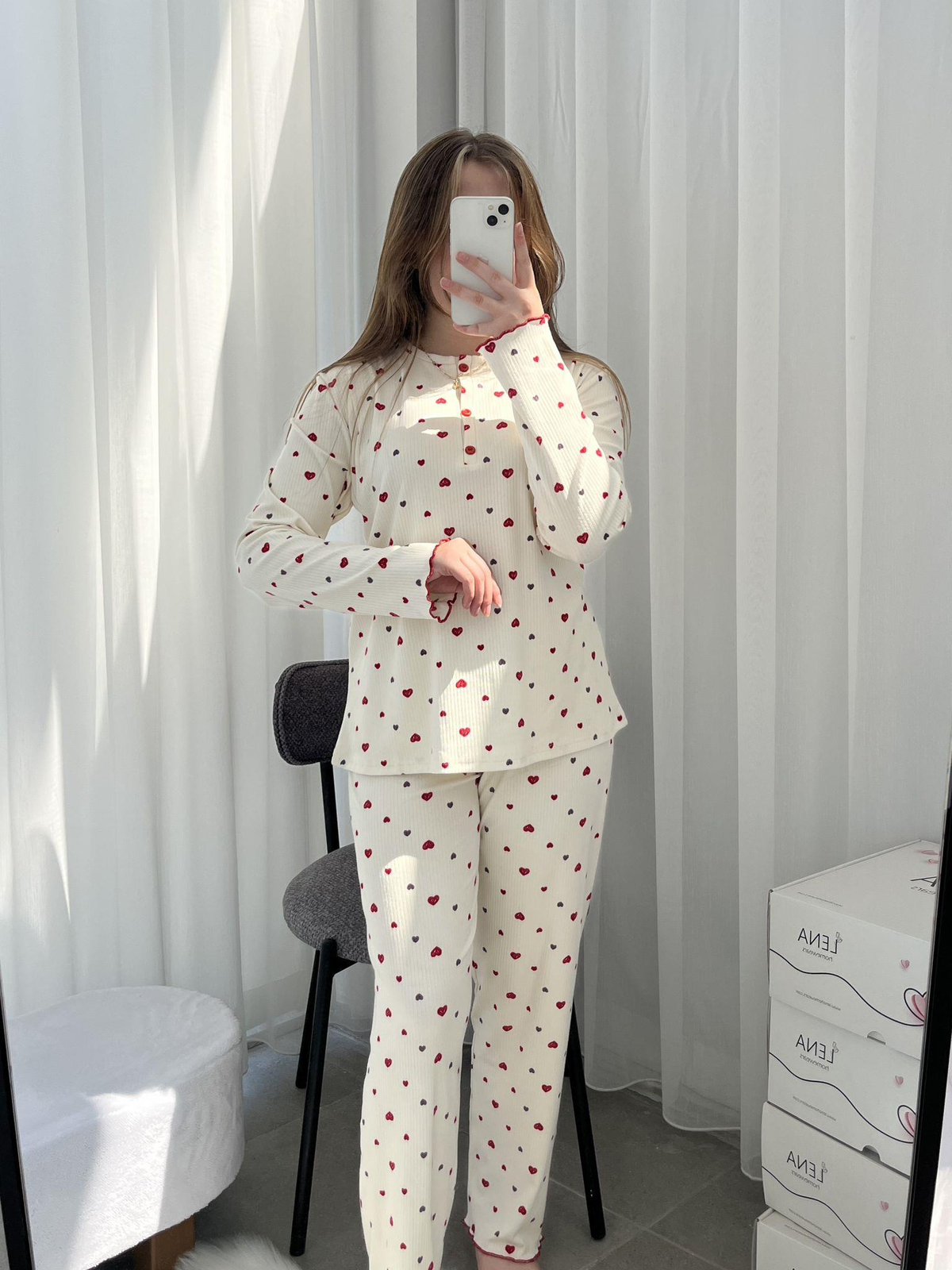 Merci Kalp ve Çiçek Desenli Dörtlü Pijama Seti