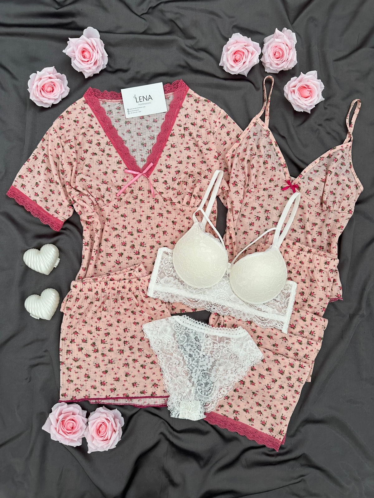 Mor Çiçek Raporlu 6'lı Pijama & Çamaşır Seti