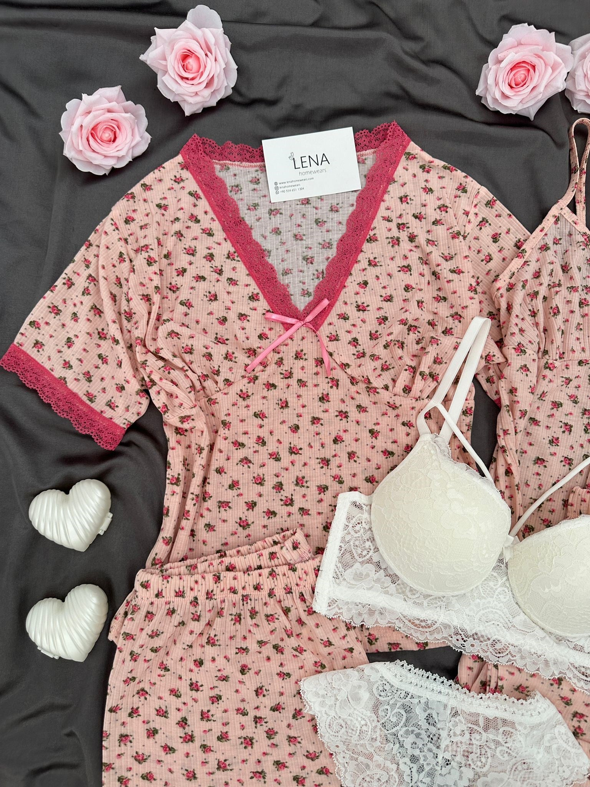 Mor Çiçek Raporlu 6'lı Pijama & Çamaşır Seti