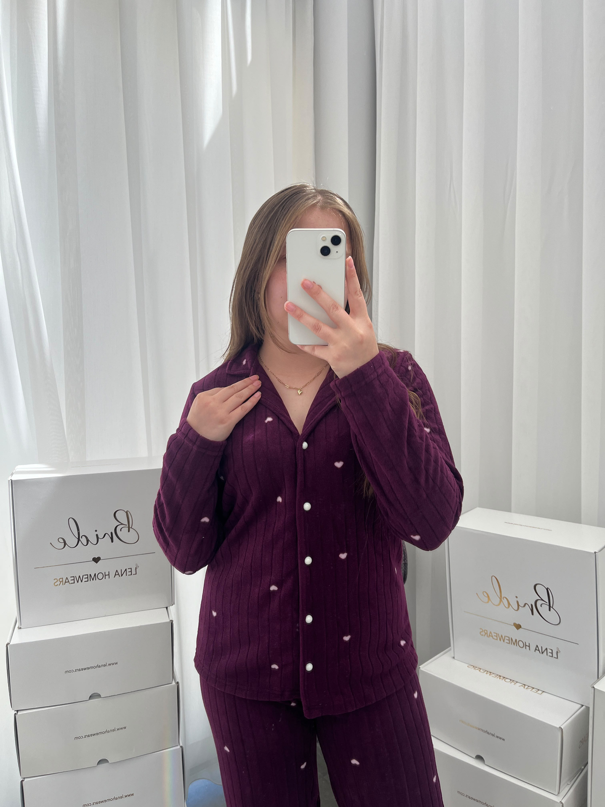 Mürdüm Kalp Desenli Peluş Pijama Takımı