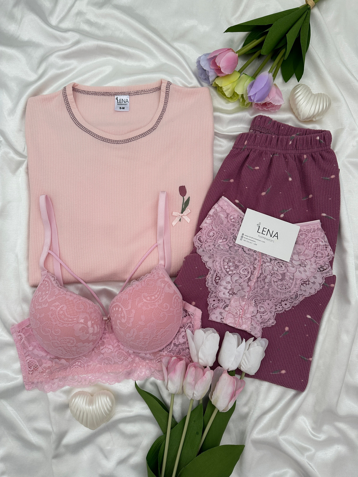 Mürdüm Lale Desenli 4'lü Waffle Pijama Takımı