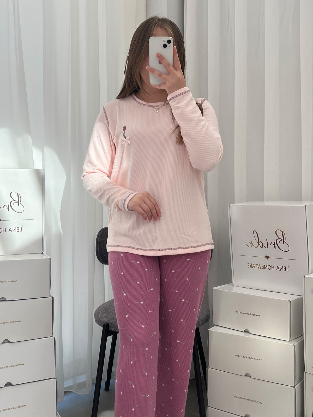 Mürdüm Lale İşlemeli 4'lü Waffle Pijama Takımı