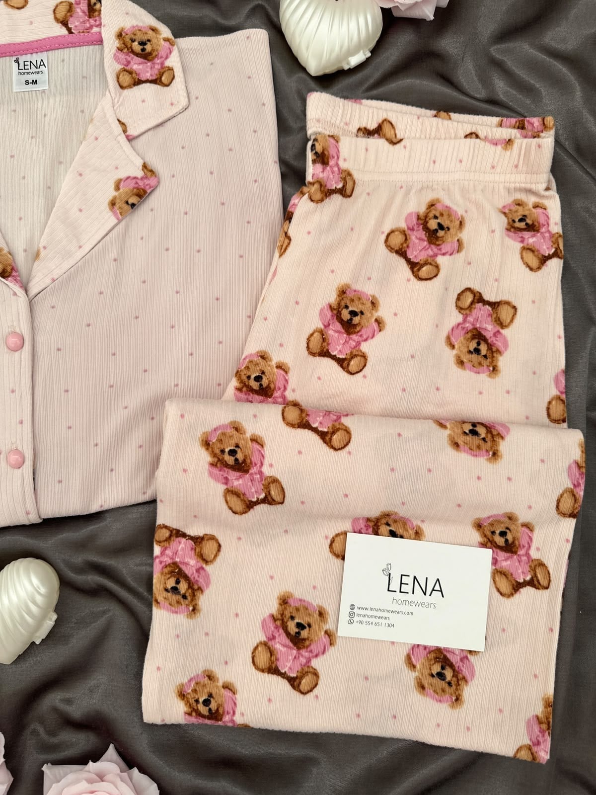 Pembe Ayıcık Desenli Uzun Kollu Pijama Takımı