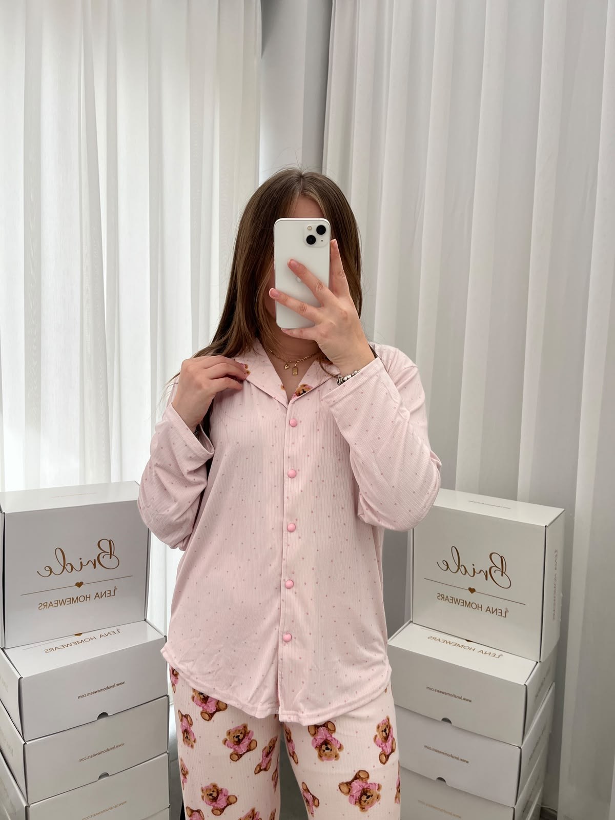 Pembe Ayıcık Desenli Uzun Kollu Pijama Takımı